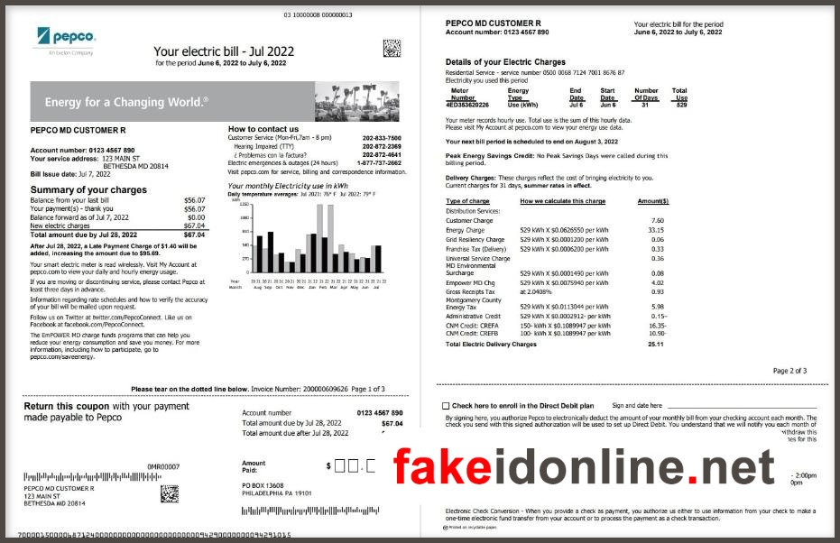 Potomac Electric Power Company (PEPCO) - MD/DC Utility Bill Template